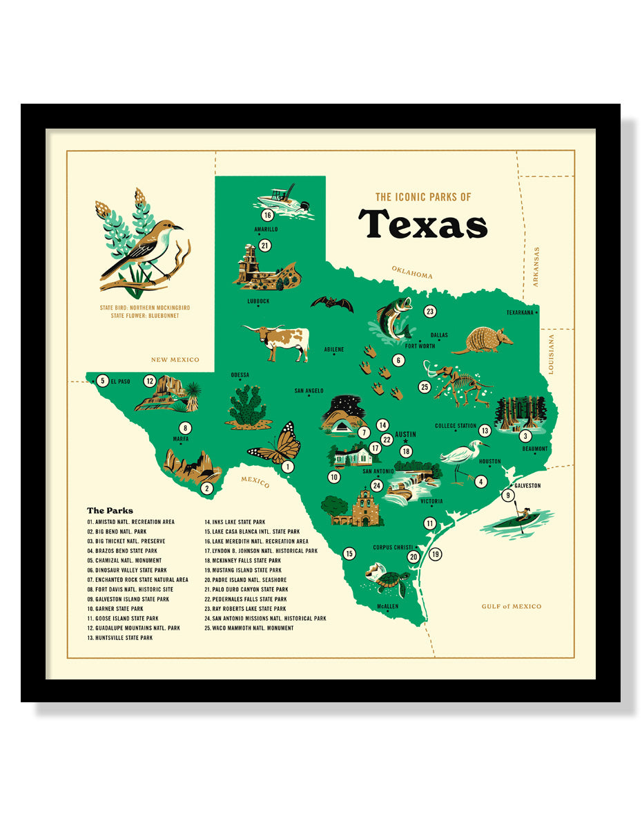 Iconic Parks of Texas Map Poster